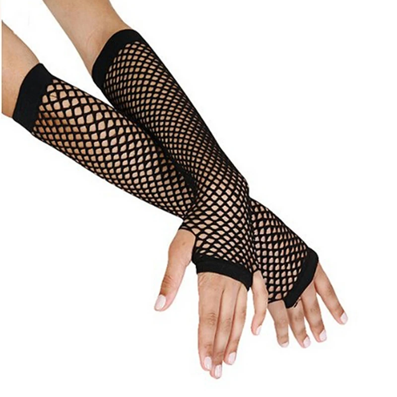 Стильные длинные черные ажурные перчатки женские без пальцев для танцев в