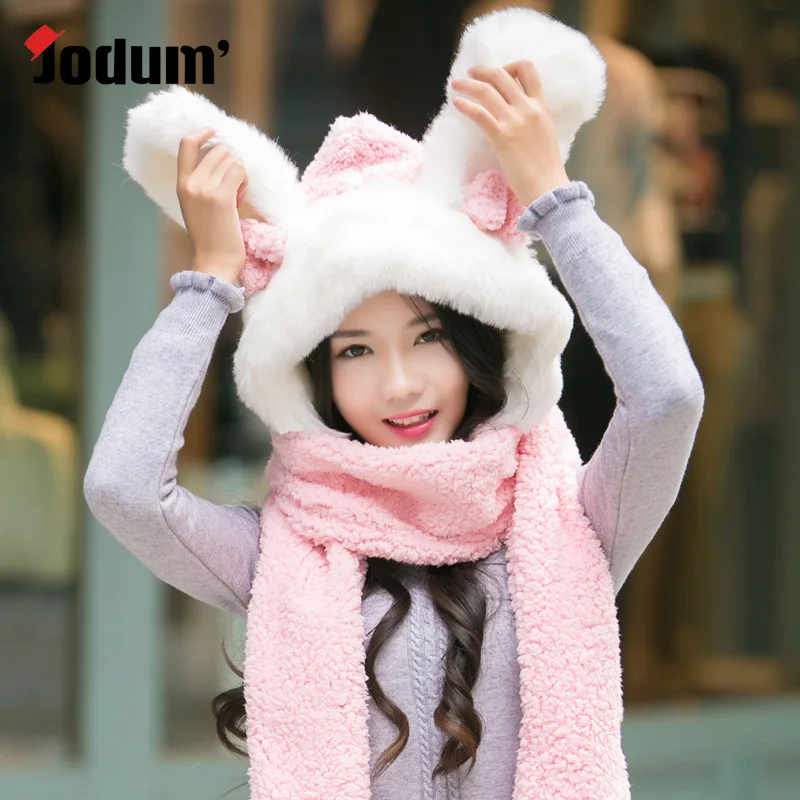 Rabbit Pink Kids Модная шапка для животного с капюшоном из искусственного меха, с бантом, с ушками, с карманами для рук, для женщин, 3 в 1, теплая плюшевая шапка с шарфом, перчатки для мамы и ребенка - Цвет: Rabbit Pink Kids