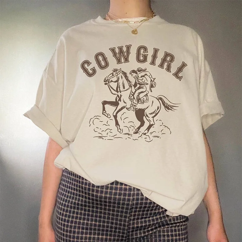 Cowgirl T Shirt Women Y2K Top Fashion Western Country Girl Aesthetic Clothing Graphic Oversized Tee Vintage Brown Indie Clothes