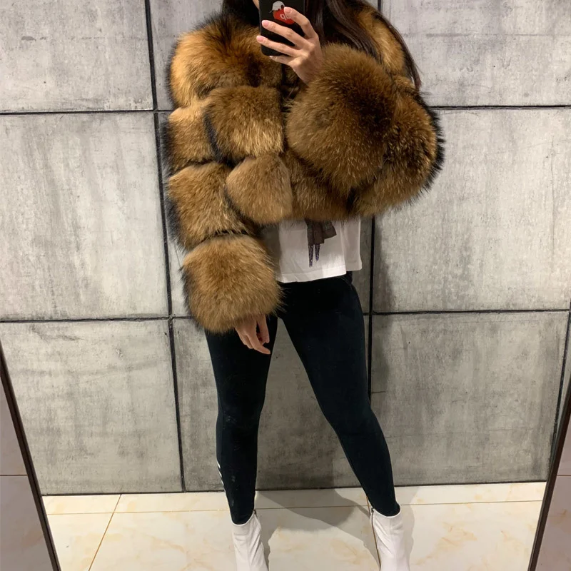 

SHZQ Raccoon Fur Coat Women Real Fur Coat Natural Raccoon Fur Coat Long Sleeve