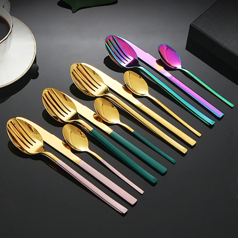 

4Pcs Golden Cutlery Set 304 Stainless Steel Square Handle Steak Knife Fork Coffee Spoon Teaspoon Tableware Kitchen Dinnerware