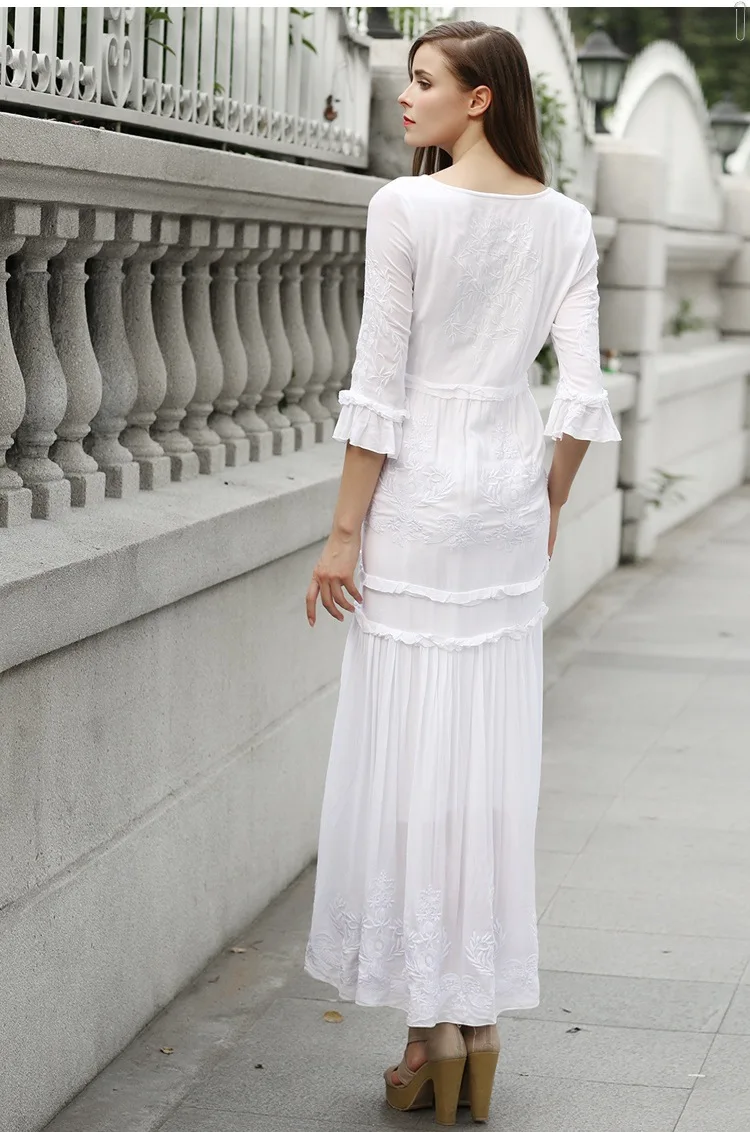 Boho, красное, белое, с вышивкой, макси платье, для женщин, осень, лето, с оборками, элегантные платья,, для девушек, одноцветное, хиппи, Пляжное, длинное платье