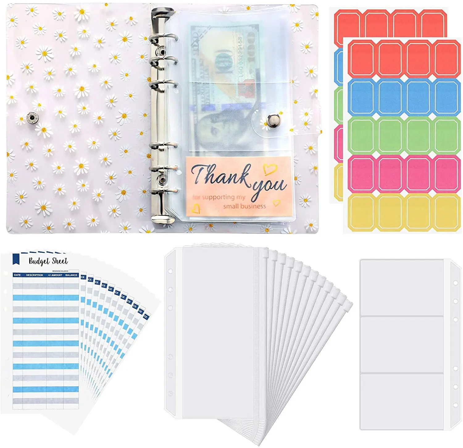 

28 Pieces A6 PVC Binder Budget Envelopes System Wallet Organizer with Waterproof 6-Ring Binder Pockets Budget Sheets, Card Bag