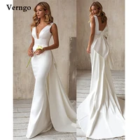 verngo modest ivory white satin mermaid wedding dress with attachable train v neck long boho wedding bridal gowns backless bow