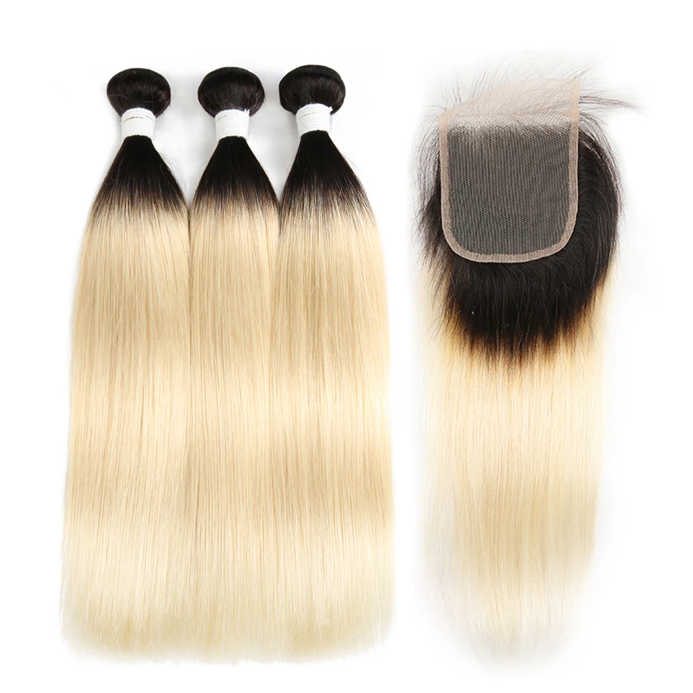 Бразильские прямые человеческие волосы с закрытием шнурка медовый блонд 613 Омбре