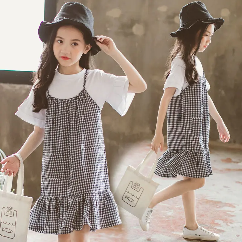 Summer Girls Clothes Plaid Skirts Two Pieces Casual Party Kids Suits Short Sleeve Tops Teenage Girl Clothing 8 10 12 14 years |