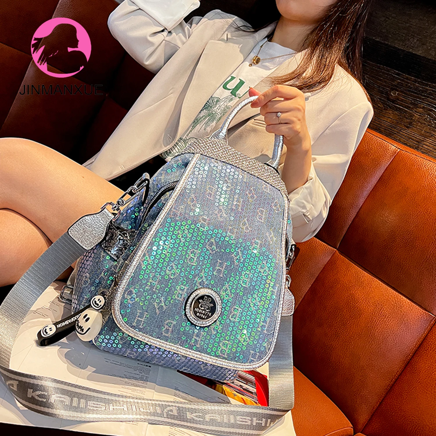 

Casual Sequined Laser Women Backpack Purse Personality Versatile Fashion Handbags High Capacity Wide-band Messenger Shoulder Bag