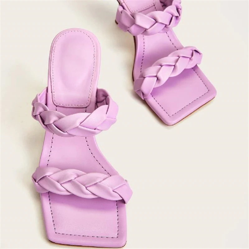 

Open Toe High Heels Women Slippers Woven Leather Women Sandals Thin Heels Pumps Office Ladies Shoes Casual Mules Shoes