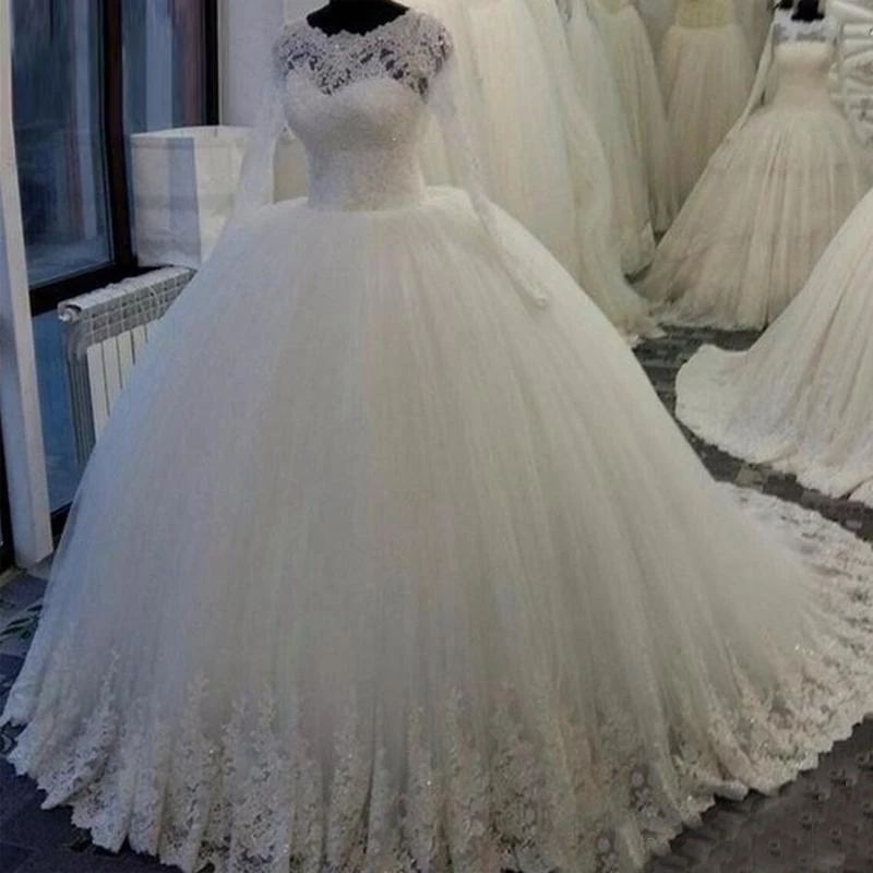 

Robe De Mariee Lace Appliques Sheer Neck Princess Long Sleeve Wedding Dresses for women 2021 Ball Gown Wedding Gowns