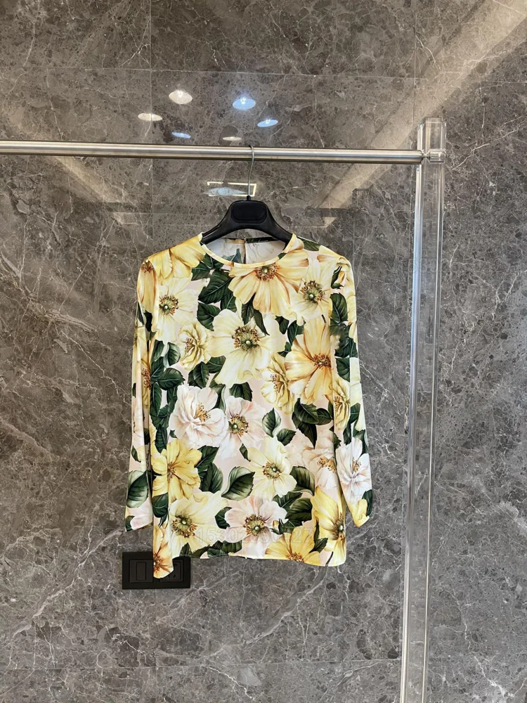 

2021 Shirt Women Blouse Silk Camellia Print Floral Vacation O-Neck Full Vintage Long Sleeve Top Quality Sicily Runway