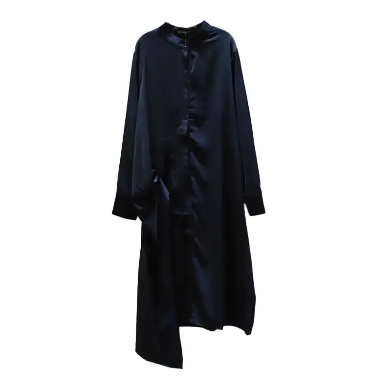 

XITAO Asymmetrical Wrinkles Casual Dress Women Trendy Fashion New Korean Style Stand Collar Long Sleeve Single Breasted ZY4416