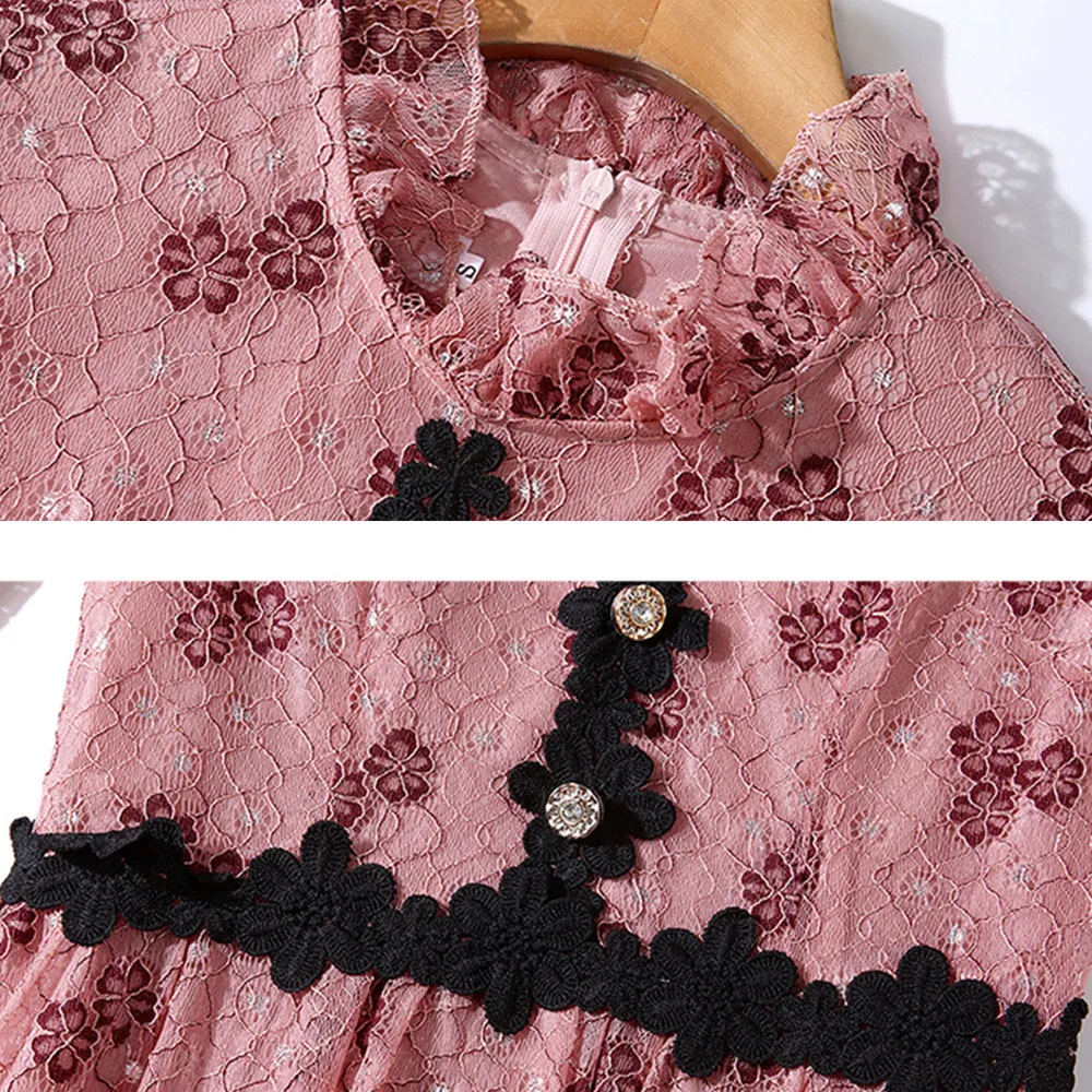 

Banulin 2020 Spring Dresses Hollow Out Women Long Sleeve Floral Crochet Casual Buttons Pink Lace Dress Femininas Vestidos