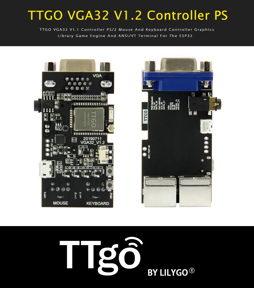 TTGO VGA32 V1.1 контроллер PS/2 мышь и клавиатура графика контроллера Library игровой двигатель и терминал ANSI/VT для ESP32