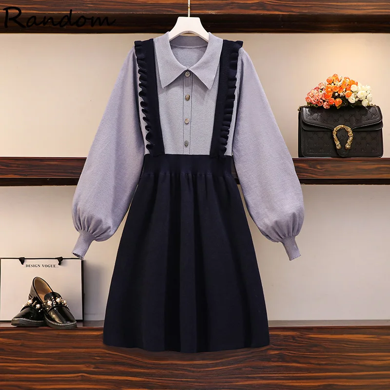 

Зимний теплый трикотажный свитер 2020, милое платье с рюшами, женское свободное платье с длинным рукавом в стиле пэчворк, имитация двух частей...