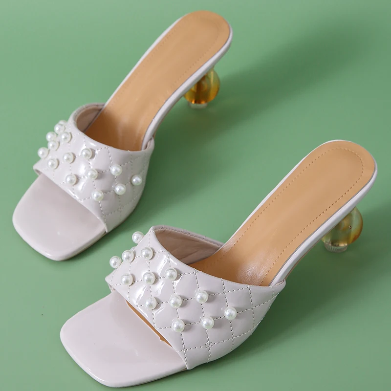 

Rimocy Summer Pearls High Heels Slippers Women 2021 Fashion Pu Leather Square Toe Sandals Woman Slip on Outdoor Slides Size 41
