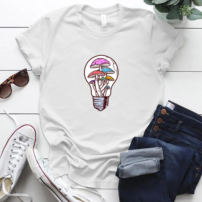 

Seeyoushy Funny Colorful Mushroom In Light Bulb Printed Tshirt Women Vintage Graphic Tees Short Sleeve Harajuku Tops