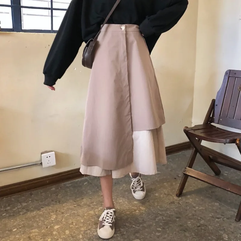

KUSAHIKI Korean Patchwork Irregular Women Skirts Causal High Waist Hit Color Mujer Faldas 2021 Spring Elegant Femme Skirt 6F471