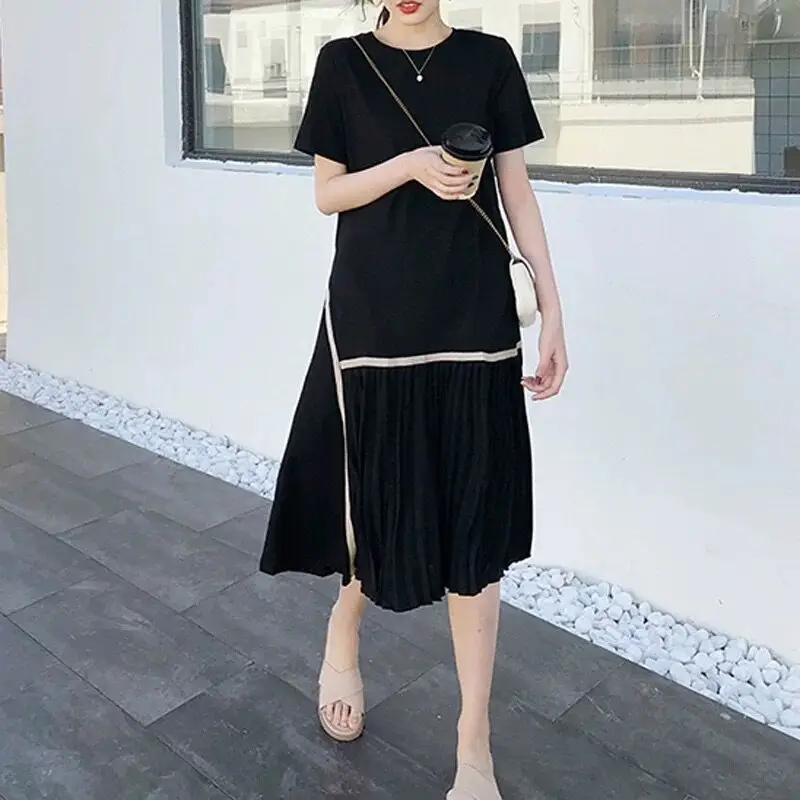 2022 Summer Plus Size 4XL Women Tunic Dress O-Neck Loose Ladies Vestidos Dresses Black Color Patchwork Female Robe Dress KE1073
