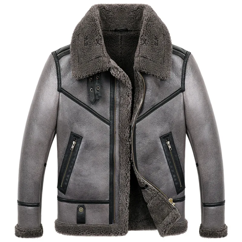 

Mens Sheepskin Shearling Coat B3 B6 Mens Sheepskin Bomber Jacket Fur Coat Gray Color