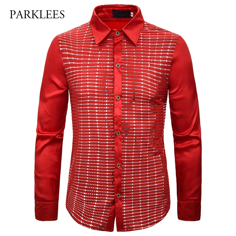Рубашка мужская с золотыми блестками шелковая атласная пайетками | Мужская