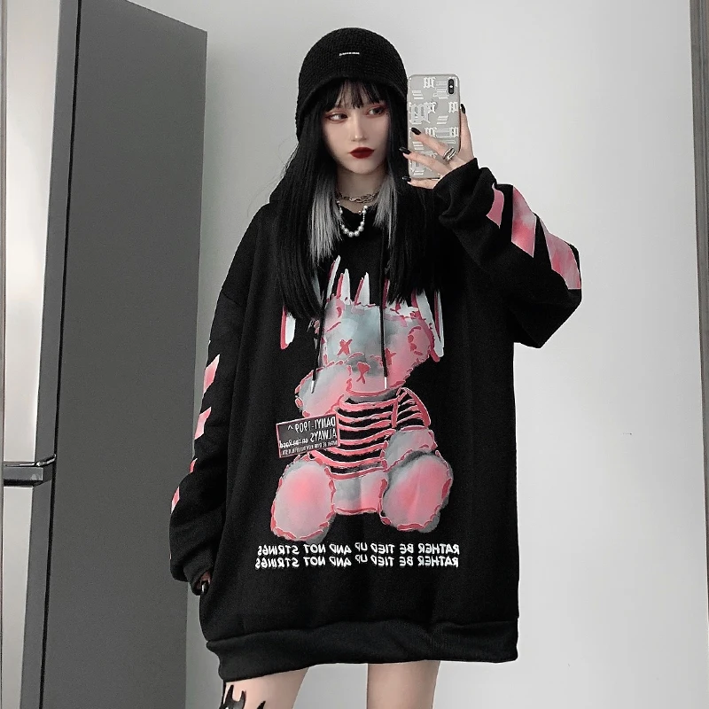 

Hoodies Girl Gothic Black Hooded Sweatshirts Women Pullovers Tops Streetwear Boys Oversized Sweatshirt Hoddies for Teens