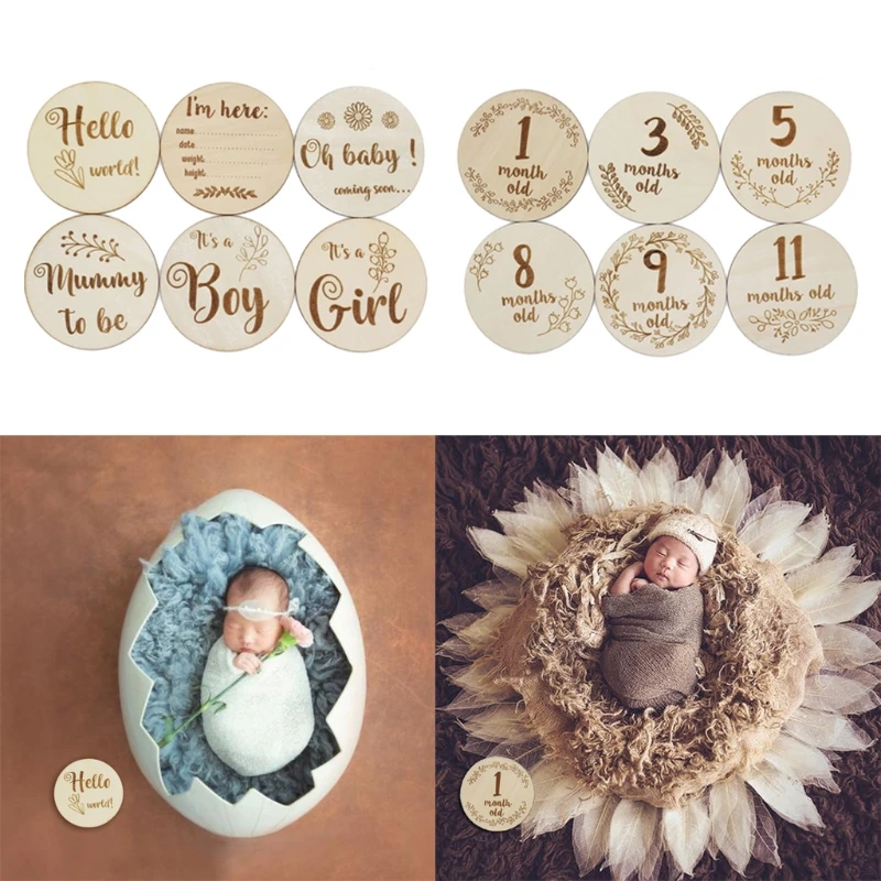 

Wooden Baby Month Milestone Card Newborn Birthday Gender Card Photography Props