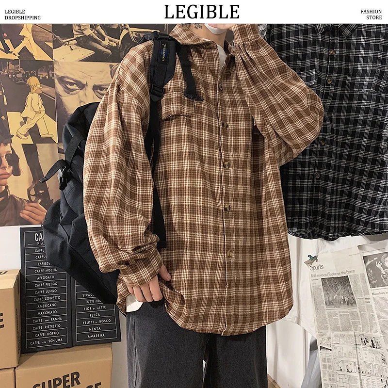 Женская Свободная блузка с отложным воротником Весенняя клетчатая рубашка