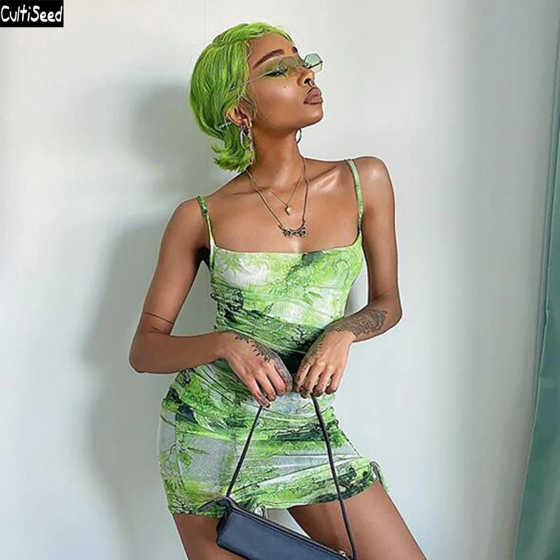 

Cultiseed Women Sexy Strapless Green Print Nightclub Party Dress Ladies Spaghetti Strap Slim Hip Mini Dress New Drawstring Dress