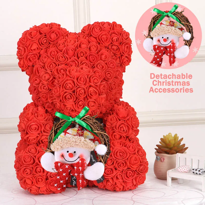 Christmas Gift 40cm Red Bear Rose Artificial Soap Roses Teddi Bear Eternal Flower Valentine Garland Gift Girl Friend Snowman