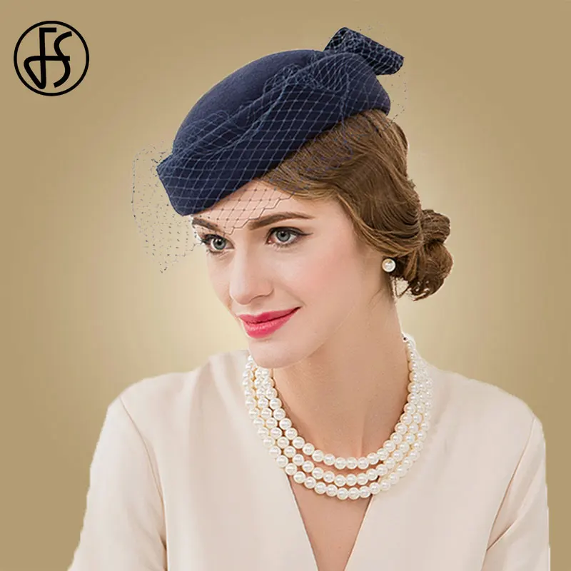 FS Винтаж Королевский синий шерсть фетровая шляпа чародей для элегантных дам Для