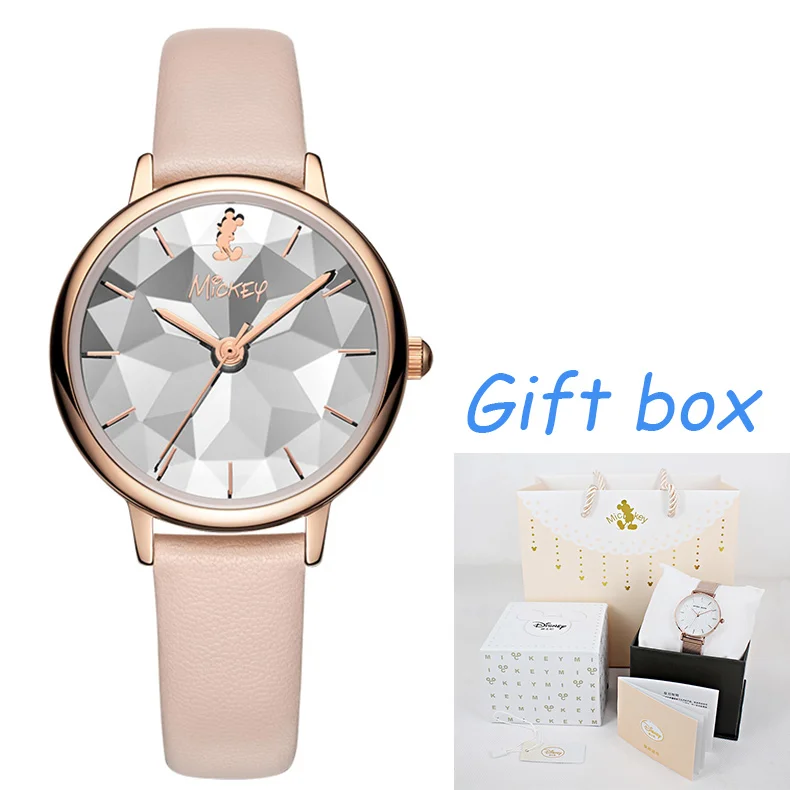 pink-gift box Disney кварцевые наручные часы Роскошные модные женские часы повседневные Элегантные часы с кожаным ремешком женские часы Reloj Mujer - Цвет: pink-gift box