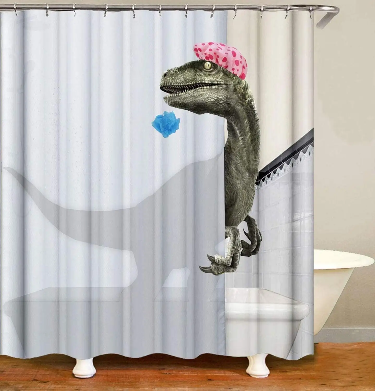 

White bathroom wall tile shower curtain grey dinosaur pink shower cap and blue bath flower HD easy to clear shower curtain