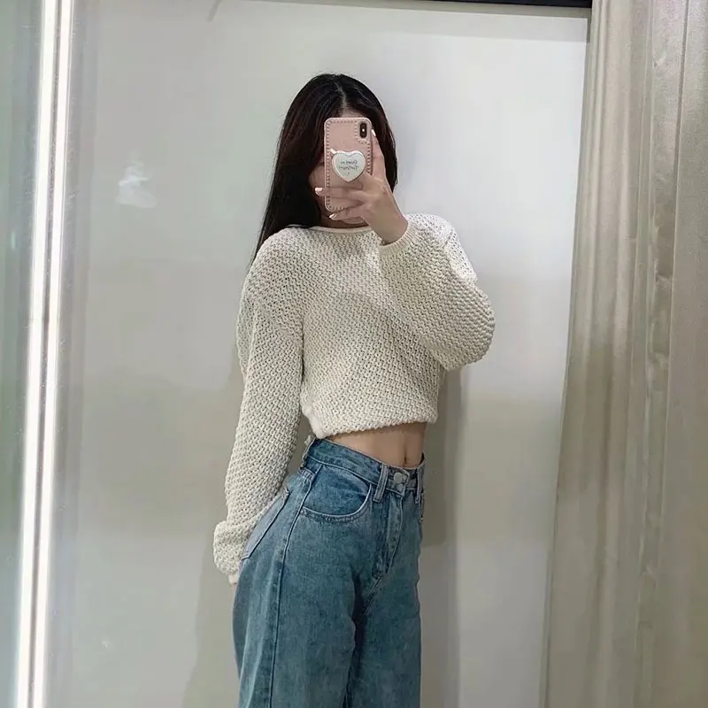 

Za 2021 Summer Women's Fashion Short Knitting Sweater Long Sleeve Sexy Backless Chic lacing Tops Casual Female clothing