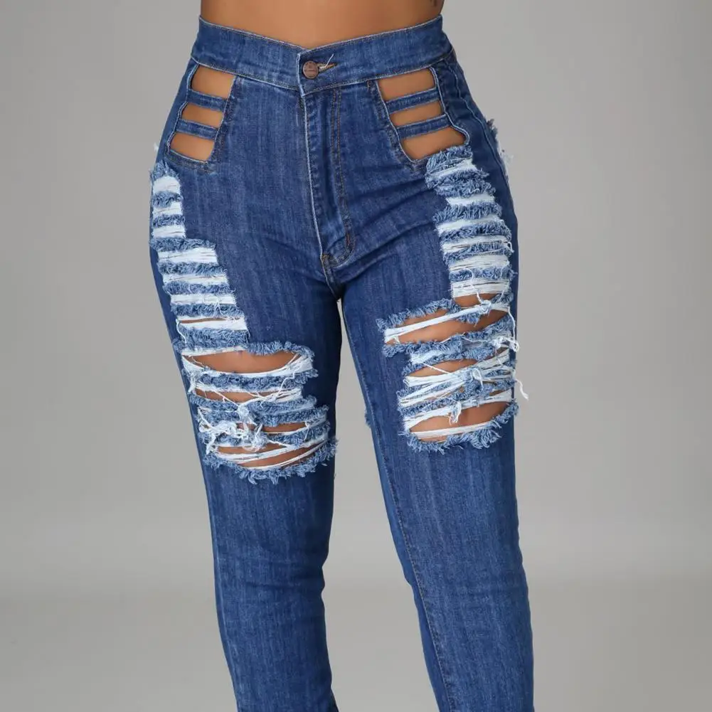 

Blue Denim Jeans Woman Sexy High Waist Skinny Denim Pants for Women Hollow Ripped Hole Tassel Denim Pants Jeans femme pantalon