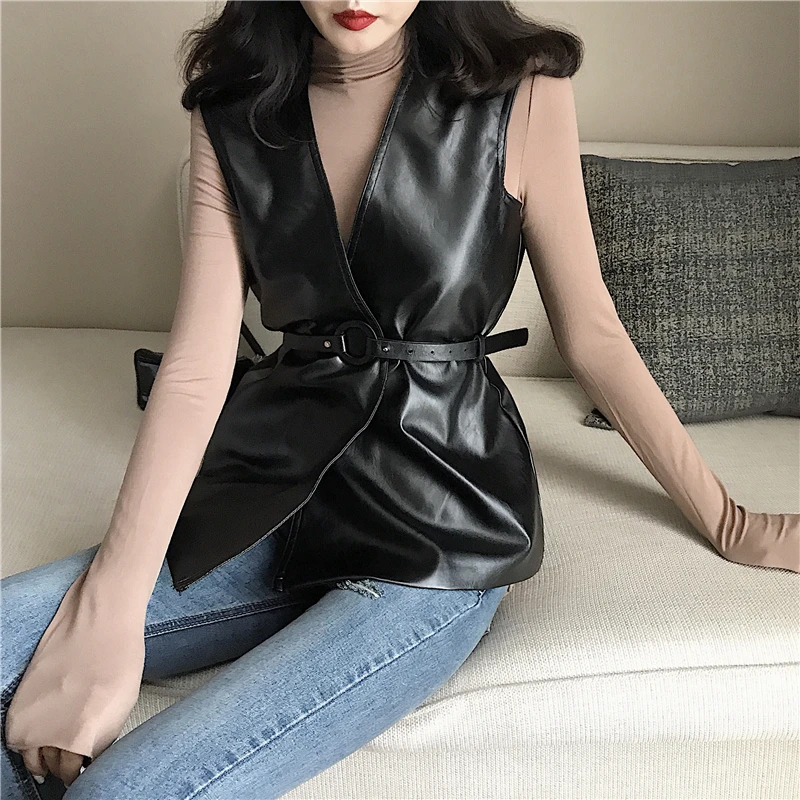 Женская кожаная жилетка TingYiLi осенне-Весенняя черная длинная с v-образным вырезом
