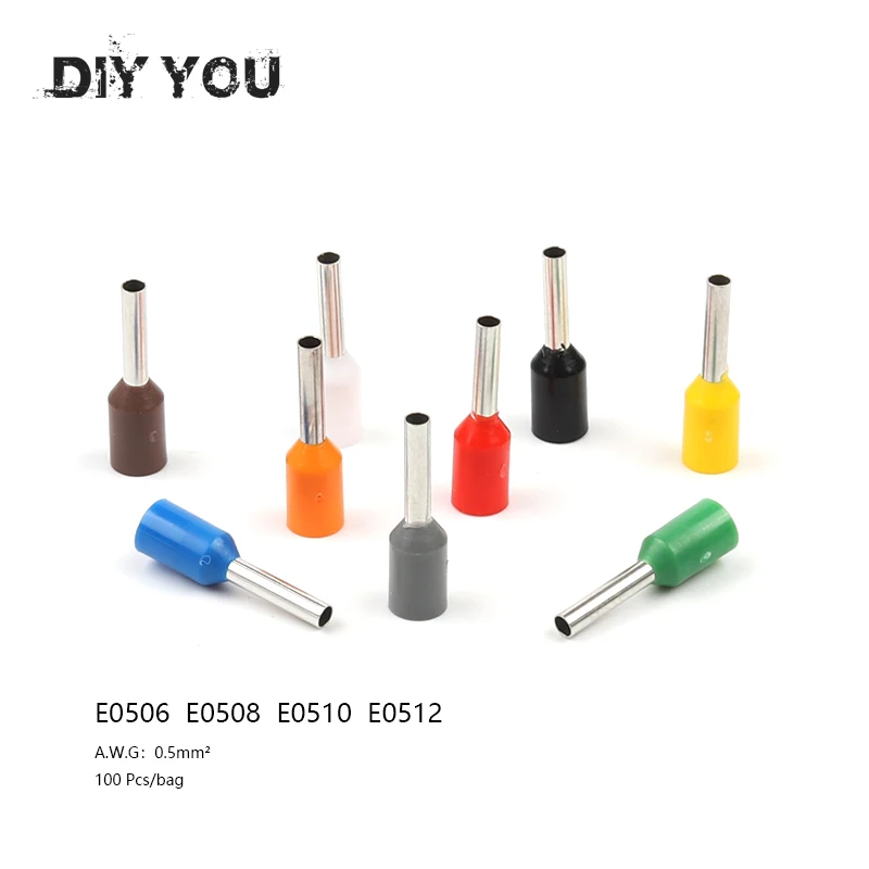 

100 pcs/lot E0508 E0506 E0510 E0512 Insulated Ferrules Terminal Block Cord End Wire Connector 0.5mm2,Crimp Terminator