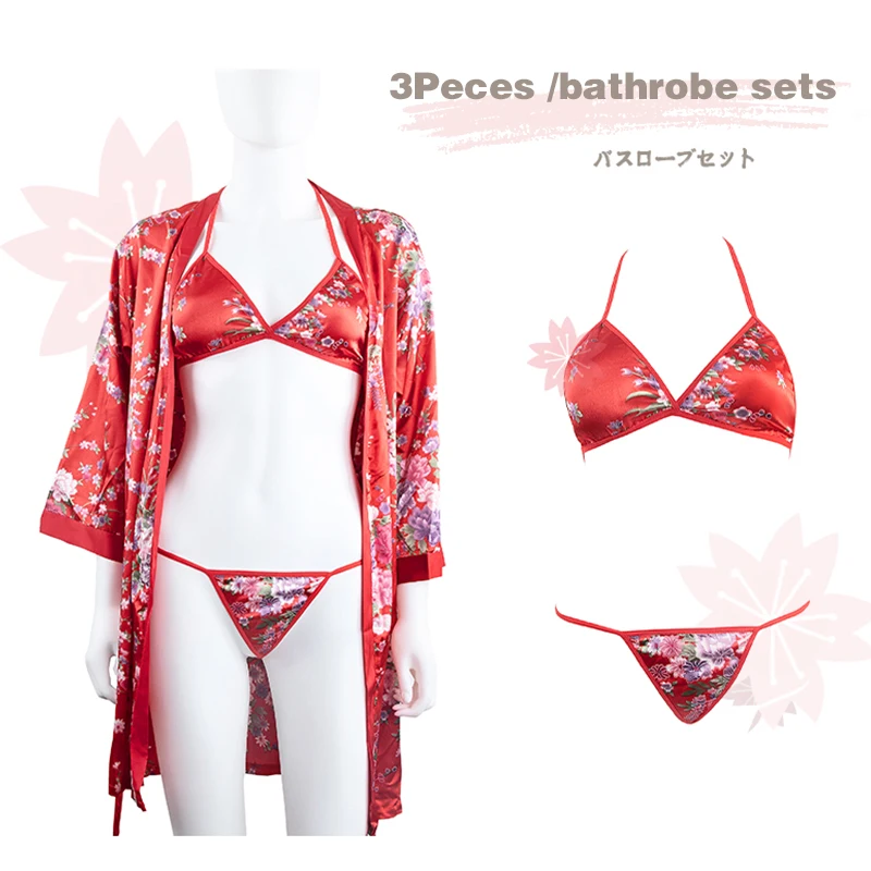 

3Peces/Women's Japanese Kimono Mini Dress Extra Long Red Chiffon Floral Kimono Robe Sexy Clothing Cosplay Underwear Set Pajamas