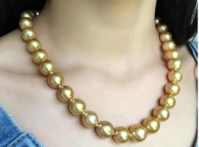 للبيع رائع 12-14 مللي متر جنوب البحر جولة الذهب اللؤلؤ قلادة 18inch 14k