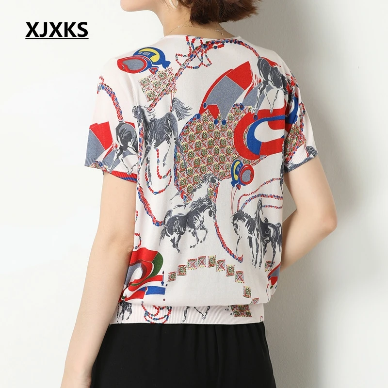Женская футболка с цветочным принтом XJXKS летняя одежда коротким рукавом большие