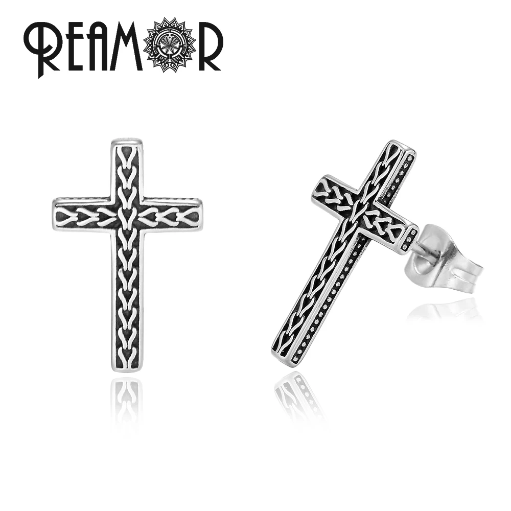 

REAMOR Fashion Stainless steel Chain Texture Cross Piercing Stud Earrings for Women Men Vintage Punk Earrings Jewelry 1 Pair