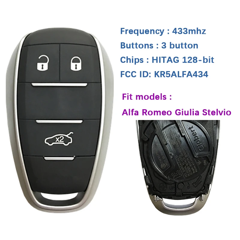 CN092001 3 Button Smart Car Key For Alfa Romeo 434 MHz Trasnponder HITAG 128-bit AES FCC ID KR5ALFA434