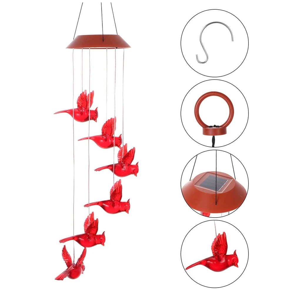 

Солнечный Красный Колибри ветряной колокольчик с украшением в форме светильник s светодиодный красочный медленно мигает фиолетово-красный птицами ветряной колокольчик светильник сада украшения