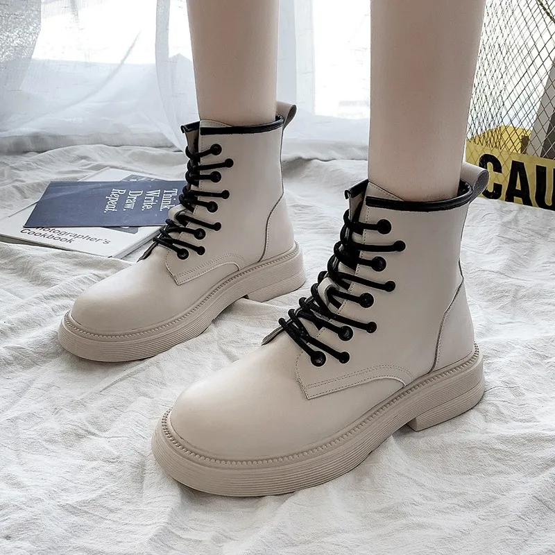 

Black Beige Martin Boots Platform Women Shoes Lace Up Round Toe Ankle Boots Pu Leather Chunky Short Boots Women Botas Mujer