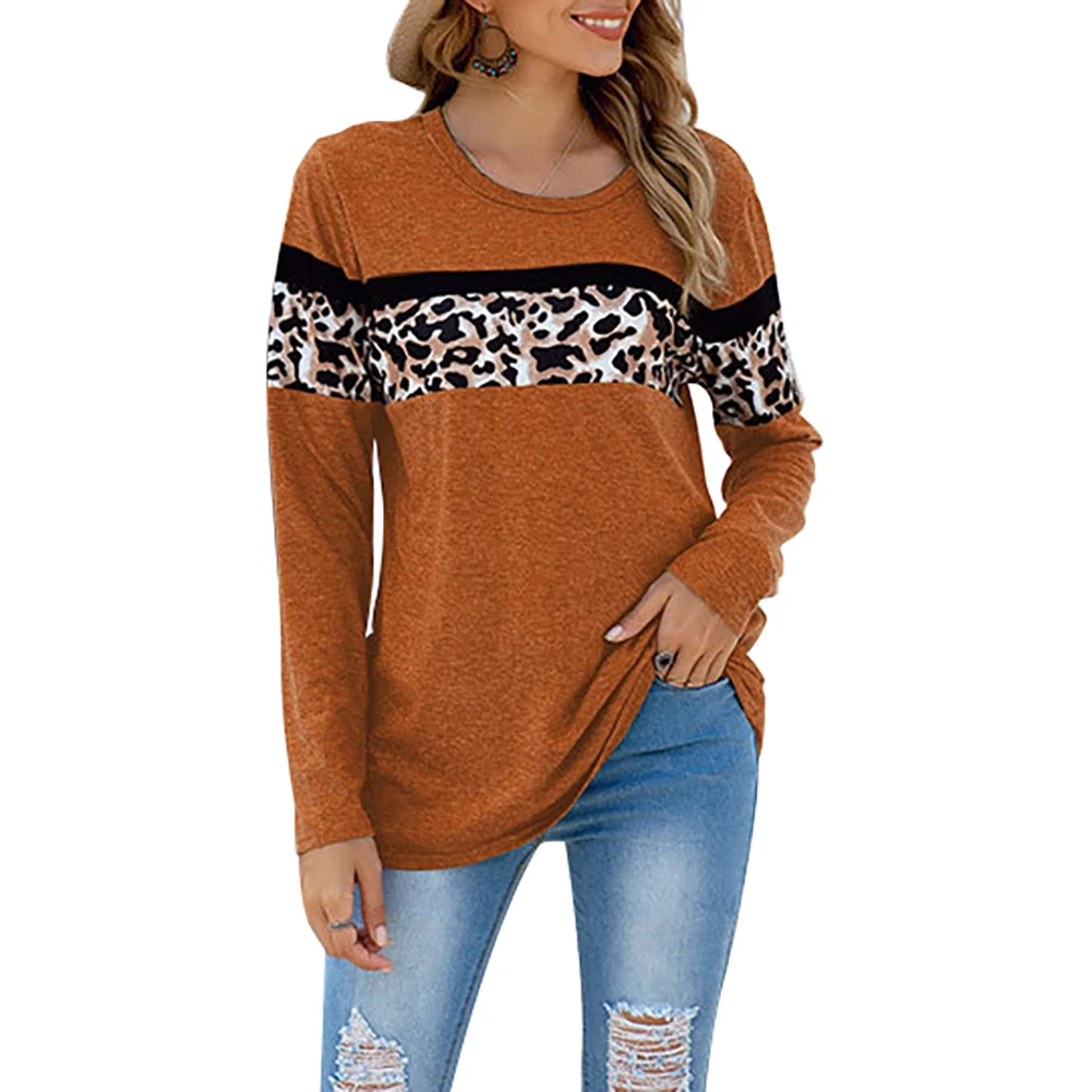 

Women Long Sleeve Color Block O Neck Leopard Print Pullover Sweatshirt Blouse