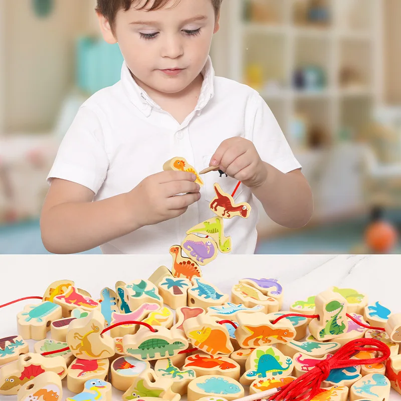 

Kids 67 pcs Montessori DIY Colored Wooden Cartoon Animals Dinosaur Shaped String Threading Beads Beading Game Toys 2021 New