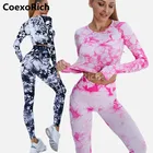 Женская одежда для тренировок, комплект для фитнеса, костюм для йоги, топ для йоги, бесшовный, с длинным рукавом, окрашенный галстук, высокая талия, штаны для йоги, спортивная одежда для спортзала