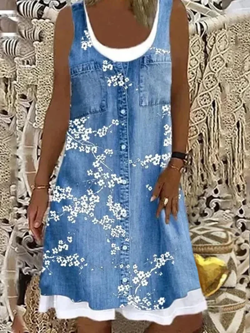 

Женское винтажное джинсовое платье без рукавов, свободное ТРАПЕЦИЕВИДНОЕ ПЛАТЬЕ с имитацией двух предметов и цветочным принтом в стиле пэч...