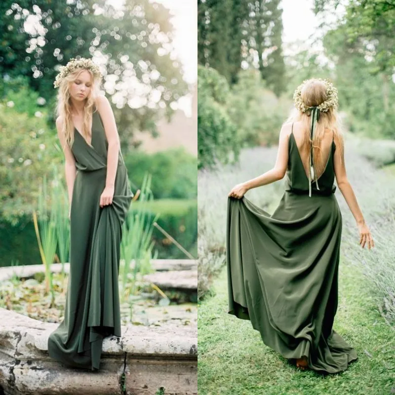 

Bohemian Style Country Bridesmaid Dresses 2020 Spring New Spaghetti Low Cut Back Olive Green Chiffon Maid Of Honor Wedding