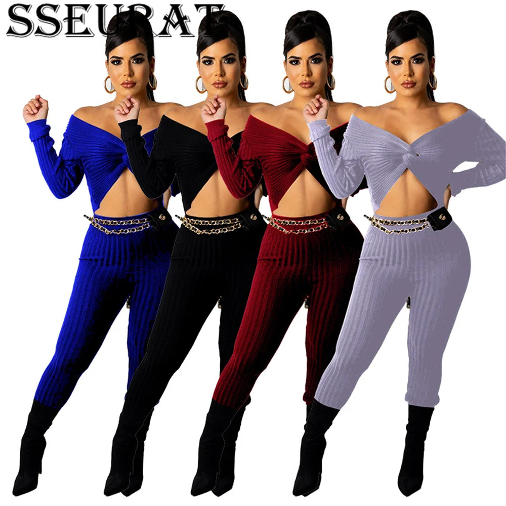 

SSEURAT Sexy Women Two Piece Set Knitting Long Sleeve Crop Tops+Pants Set Fashion Autumn Club Outfits