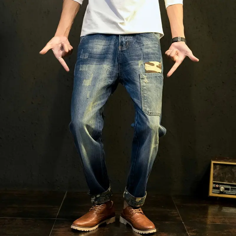 Джинсы мужские на молнии свободные штаны в стиле Харадзюку рваные брюки милитари